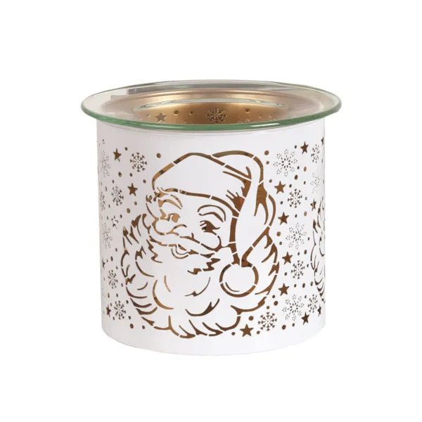 Unlit white and gold Santa silhouette tealight wax melter with glass dish on top