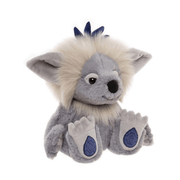 Sapphire Sue crystal troll plush by Charlie Bears, angled view showing fluffy cream mane and blue crystal details
