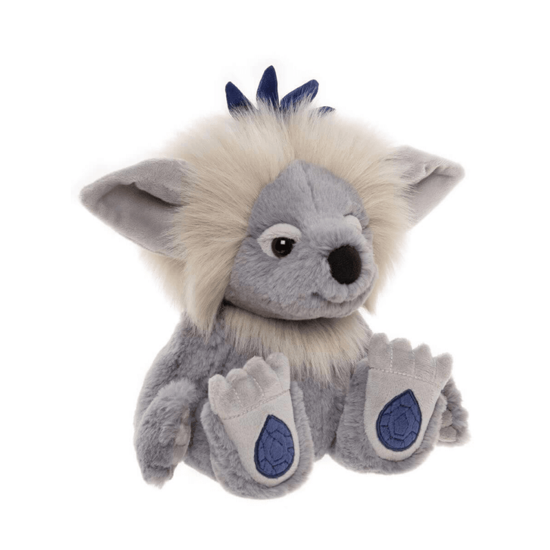 Sapphire Sue crystal troll plush by Charlie Bears, angled view showing fluffy cream mane and blue crystal details