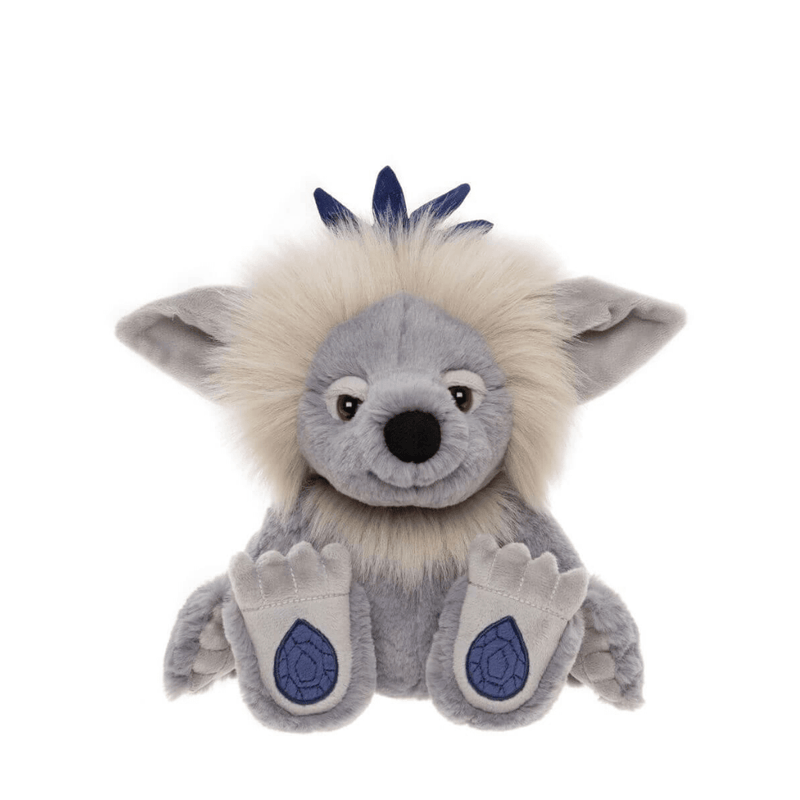 Sapphire Sue crystal troll plush by Charlie Bears, front view on white background