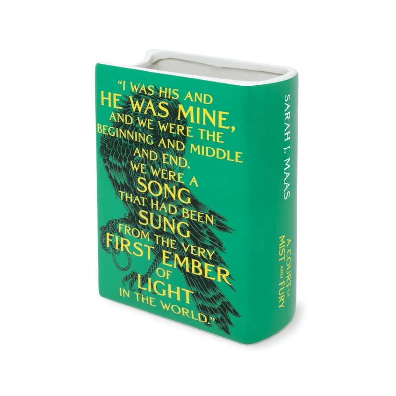 Sarah J Maas A Court of Mist and Fury ceramic book vase showing quote and book spine
