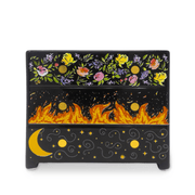Front of Feyre’s ceramic dresser vase with floral, flame and night sky drawer designs