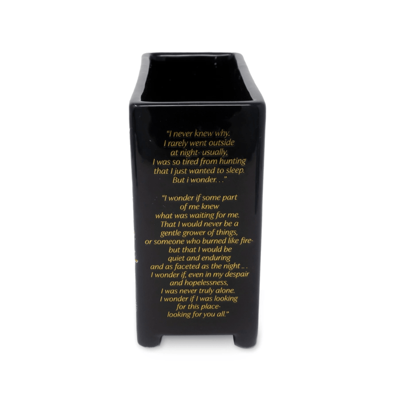 Side of the ACOTAR Dresser Vase featuring a printed passage in gold text