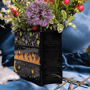 Side view of the ACOTAR Dresser Vase with flowers, flames, stars and printed text