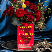 Sarah J Maas ACOTAR ceramic book flower vase styled with red roses