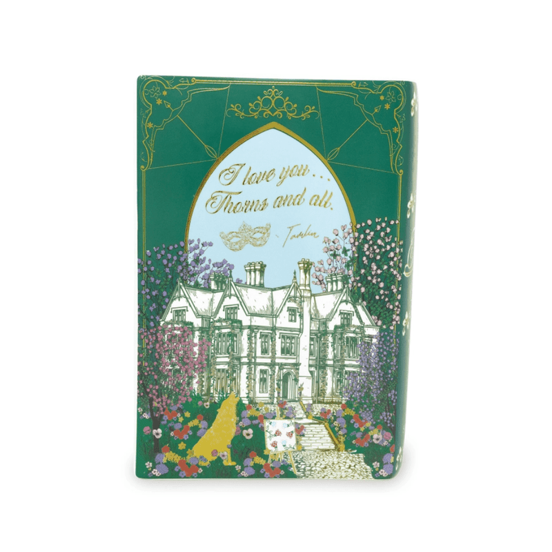 Back of the Spring Court book vase with Tamlin’s manor and colourful garden artwork