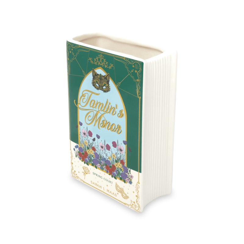 ACOTAR Spring Court large ceramic book vase with green floral cover and gold details