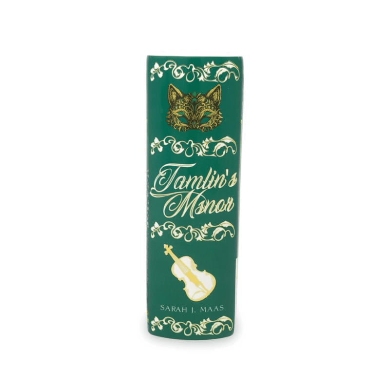 Spine of the ACOTAR Spring Court book vase with gold mask and instrument details
