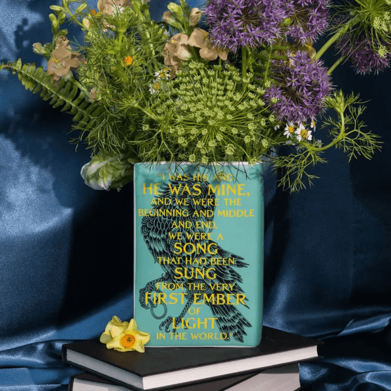 Sarah J Maas ceramic book vase filled with flowers showing A Court of Mist and Fury quote