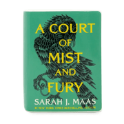 Green A Court of Mist and Fury book candle featuring dark bird artwork and yellow title lettering