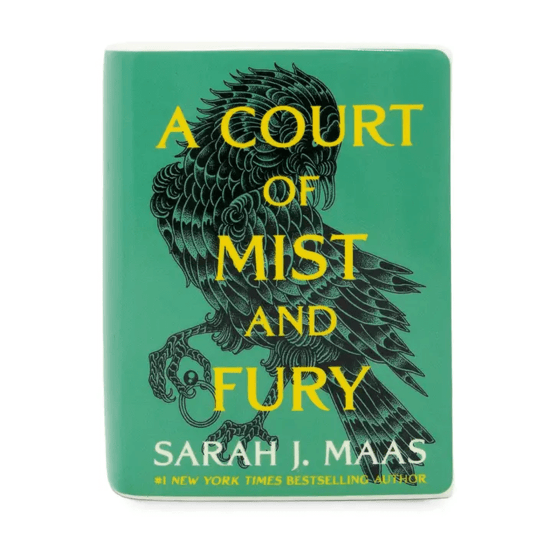 Green A Court of Mist and Fury book candle featuring dark bird artwork and yellow title lettering
