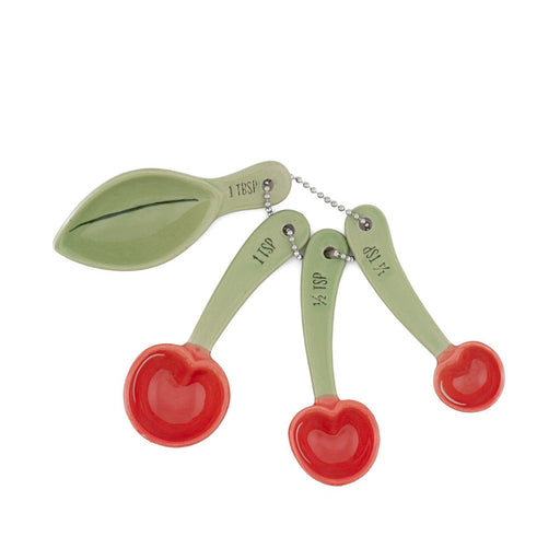 Sass & Belle cherry measuring spoons in red and green stoneware with chain ring
