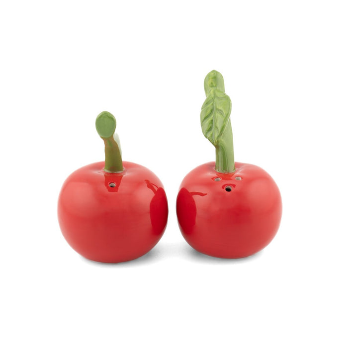 Sass & Belle Cherry salt and pepper shakers, alternate angle showing stems and leaf