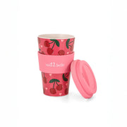 Sass & Belle cherry travel coffee cup with lid removed, showing the rim and grip band