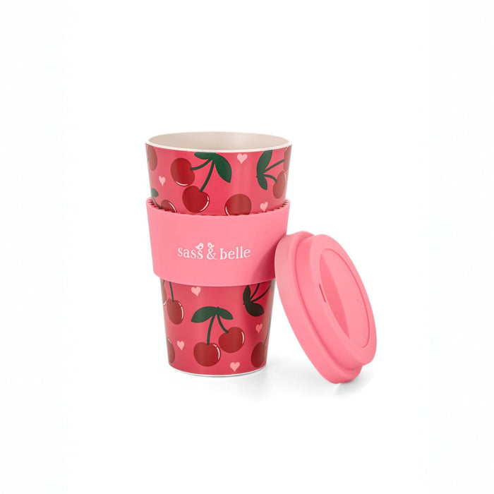 Sass & Belle cherry travel coffee cup with lid removed, showing the rim and grip band