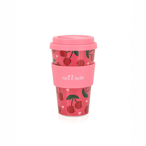 Sass & Belle cherry travel coffee cup in red with cherry print, lid and grip band