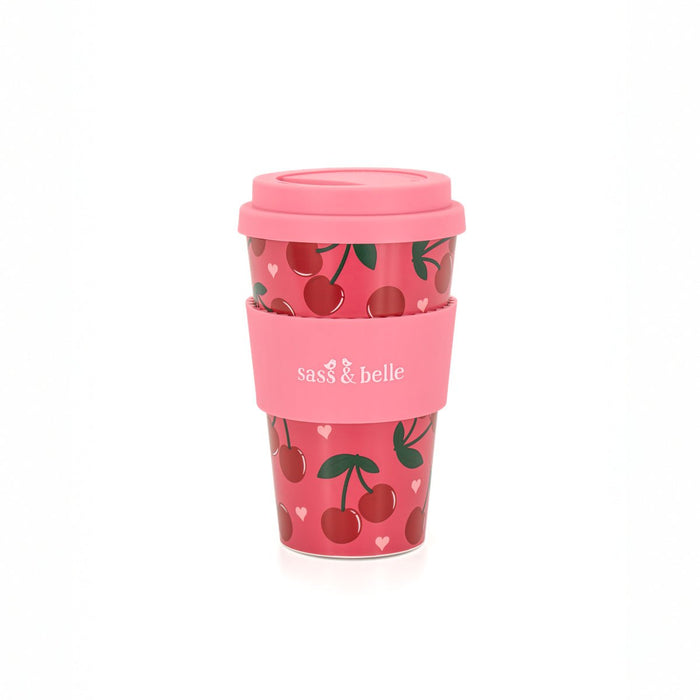 Sass & Belle cherry travel coffee cup in red with cherry print, lid and grip band