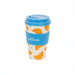 Sass & Belle croissant travel coffee cup with blue lid and grip sleeve on a white background
