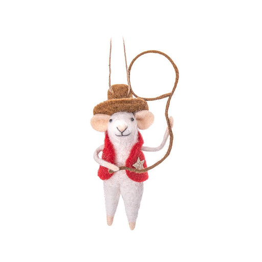 Sass & Belle felt sheriff mouse Christmas decoration wearing a cowboy hat and red waistcoat, holding a lasso, hanging by a loop