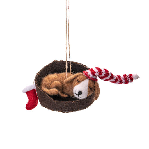 Sass & Belle felt dog in a basket Christmas tree decoration with red and white knitted hat and hanging loop