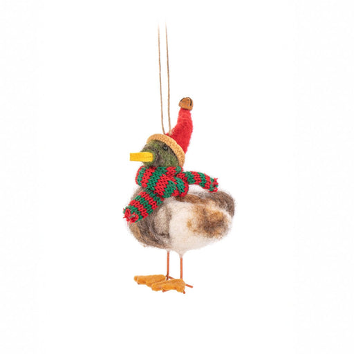 Sass & Belle felt duck Christmas tree decoration wearing a Santa hat and red-green scarf, hanging by a loop