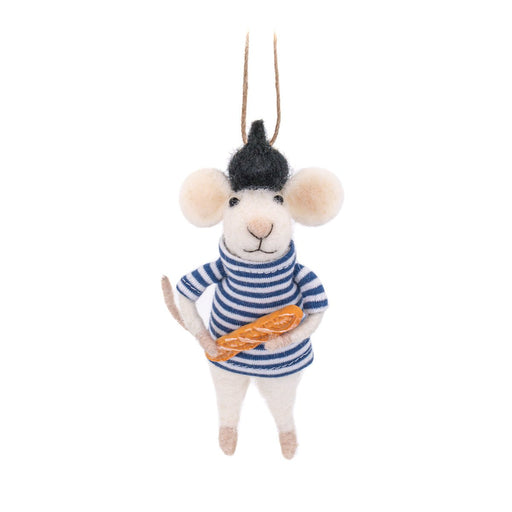 Sass & Belle felt French mouse Christmas decoration wearing a beret and Breton stripes, holding a baguette, hanging by a loop