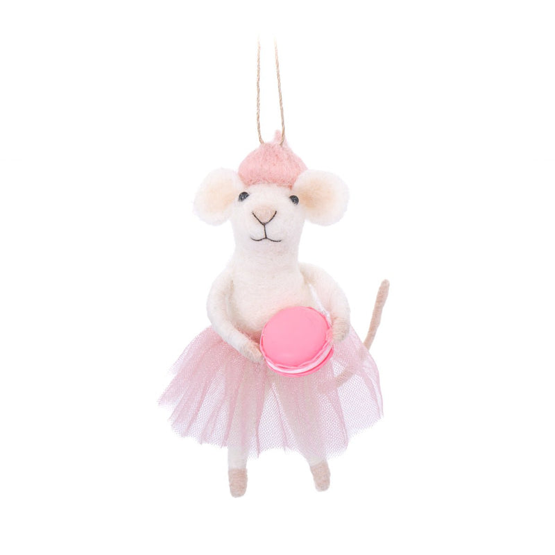 Sass & Belle felt French mouse Christmas decoration wearing pink tulle and beret, holding a pink macaron, hanging by a loop