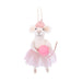 Sass & Belle felt French mouse Christmas decoration wearing pink tulle and beret, holding a pink macaron, hanging by a loop