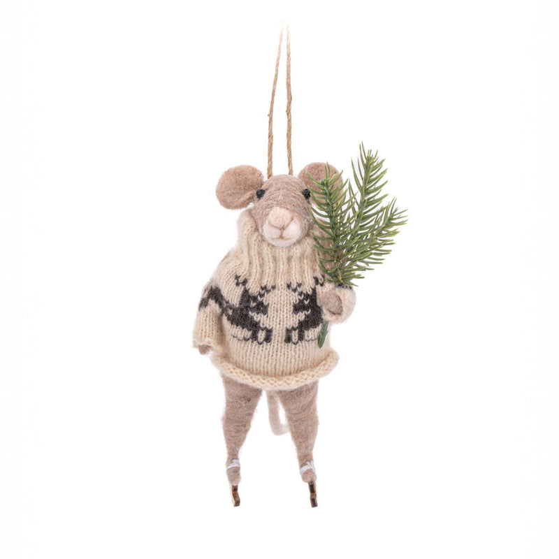 Sass & Belle felt ice-skating mouse Christmas decoration wearing a cream reindeer jumper and holding a fir sprig, hanging by a loop