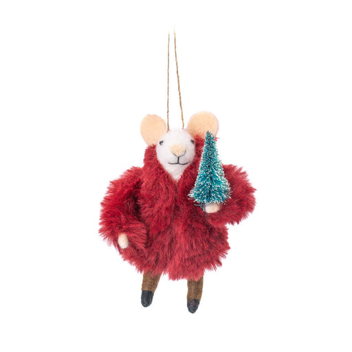 Sass & Belle felt mouse Christmas decoration in a fluffy red coat holding a small tree, hanging by a loop