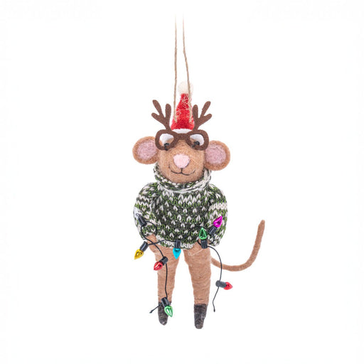 Sass & Belle felt Christmas party mouse wearing a green jumper, antler glasses and Santa hat, holding colourful fairy lights, hanging by a loop