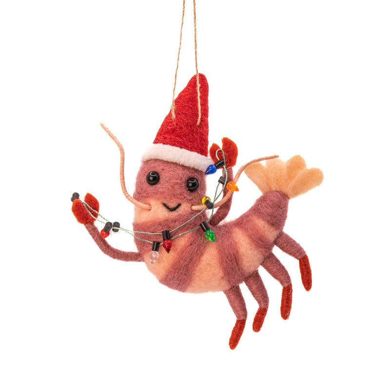 Sass & Belle felt party prawn Christmas decoration wearing a Santa hat and wrapped in colourful fairy lights, hanging by a loop