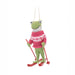 Sass & Belle felt skiing frog Christmas tree decoration wearing a pink Fair Isle jumper on red skis, hanging by a loop