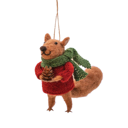 Sass & Belle felt squirrel Christmas tree decoration wearing a red jumper and green scarf, holding a pine cone, hanging by a loop