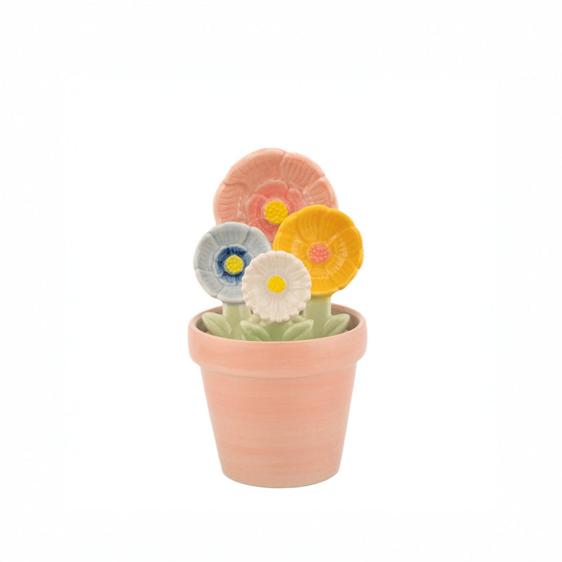 Sass & Belle flower measuring spoons with matching pastel pot on a white background