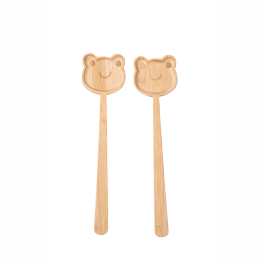 Pair of Sass & Belle frog-shaped bamboo salad servers with smiling faces and long handles

