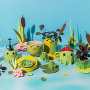 Sass & Belle frog salt and pepper shakers styled with matching frog kitchenware
