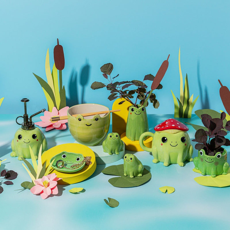 Sass & Belle frog salt and pepper shakers styled with matching frog kitchenware
