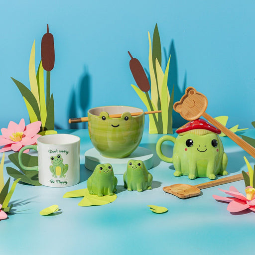 Sass & Belle frog salt and pepper shakers in a colourful frog-themed tableware display