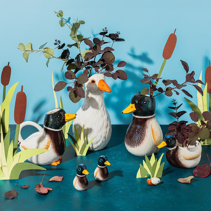 Mallard Duck salt and pepper shakers styled with matching duck ceramics, Sass & Belle