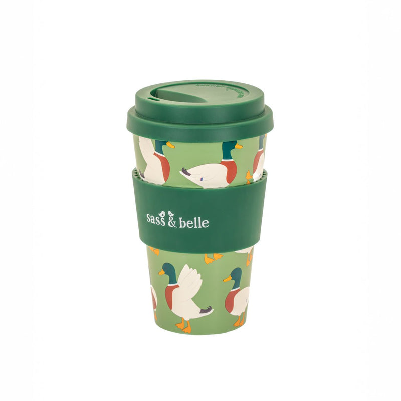 Sass & Belle mallard duck travel coffee cup with green lid and grip band