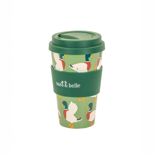Sass & Belle mallard duck travel coffee cup with green lid and grip band
