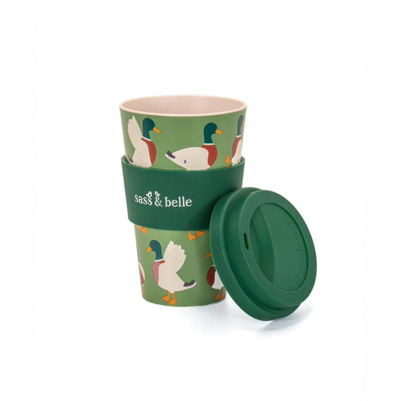 Mallard duck print travel coffee cup with lid removed, showing the rim and grip band