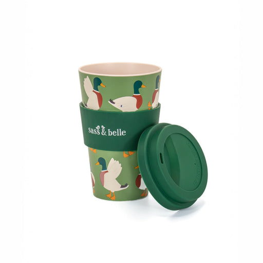 Mallard duck print travel coffee cup with lid removed, showing the rim and grip band