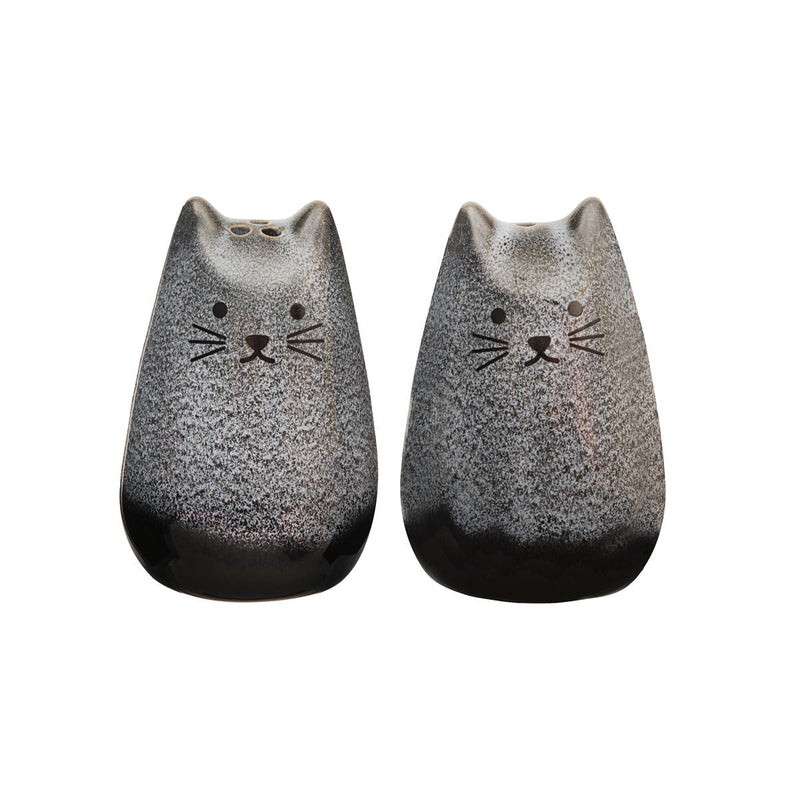 Pair of Sass & Belle grey Mojave cat salt and pepper shakers in stoneware with cute whisker faces
