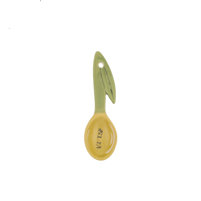 Sass and Belle olive measuring spoon showing the half teaspoon measurement with ceramic olive-inspired design