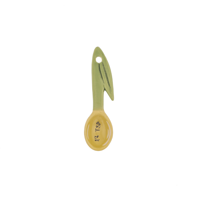 Sass and Belle olive measuring spoon showing the quarter teaspoon measurement with green leaf handle
