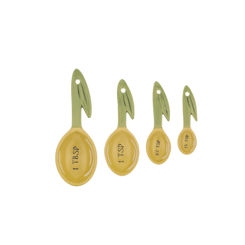 Sass and Belle olive measuring spoons set showing 1 tablespoon, 1 teaspoon, half teaspoon and quarter teaspoon sizes