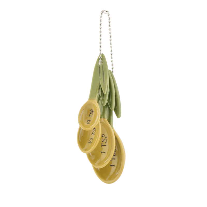 Set of Sass and Belle olive measuring spoons hanging together on a metal chain with yellow bowls and green handles