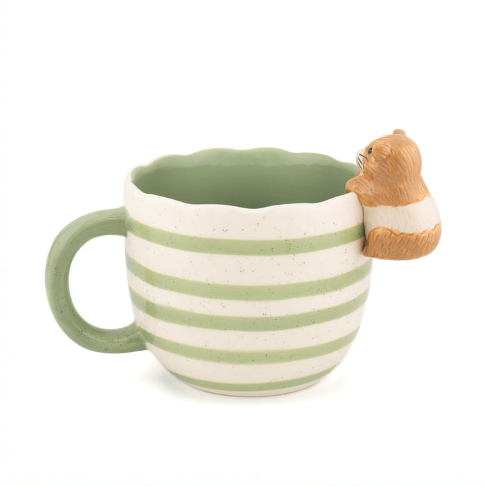 Side view of the green striped Peeking Guinea Pig Mug showing the scalloped rim and character detail